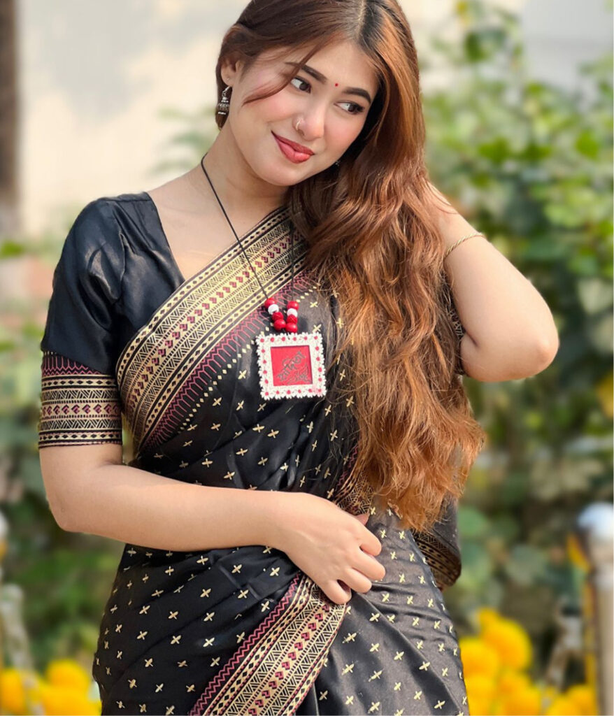 মায়াবীনি প্রিমিয়াম এমব্রয়ডারী এন্ড হ্যান্ড ব্লক ডিজাইন শাড়ী (ব্ল্যাক)
